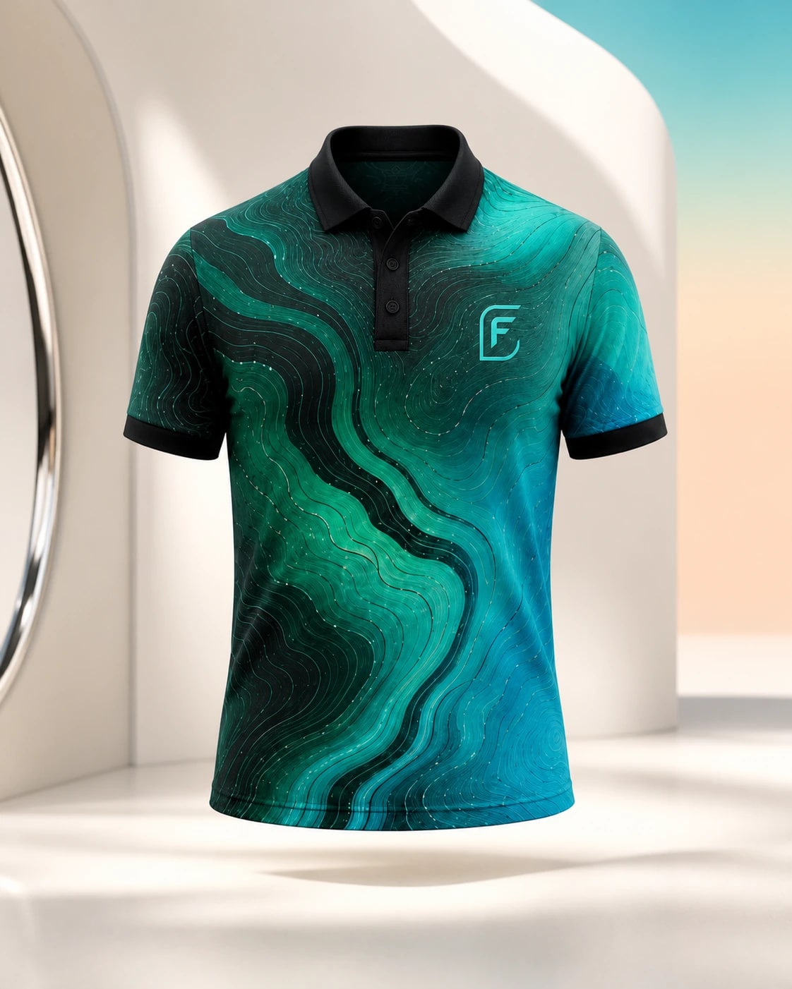 The Current Emerald polo photographed against a pale curved set, its contour print running emerald to teal.