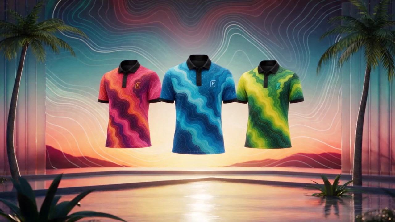 The Summer Terrain polos — sunset, lagoon and citrus — suspended above still water at dusk, framed by palms.