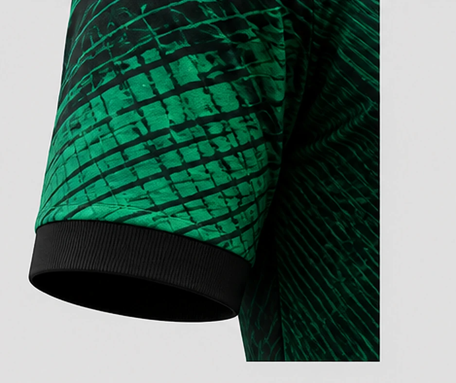 Close view of the Emerald Stroke sleeve cuff, ribbed black over the hatched emerald print.