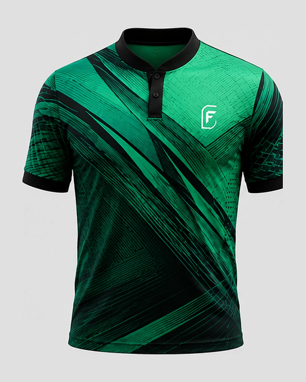 Emerald Stroke polo, front view — emerald and black brushed diagonals with a stand collar and two-button placket.