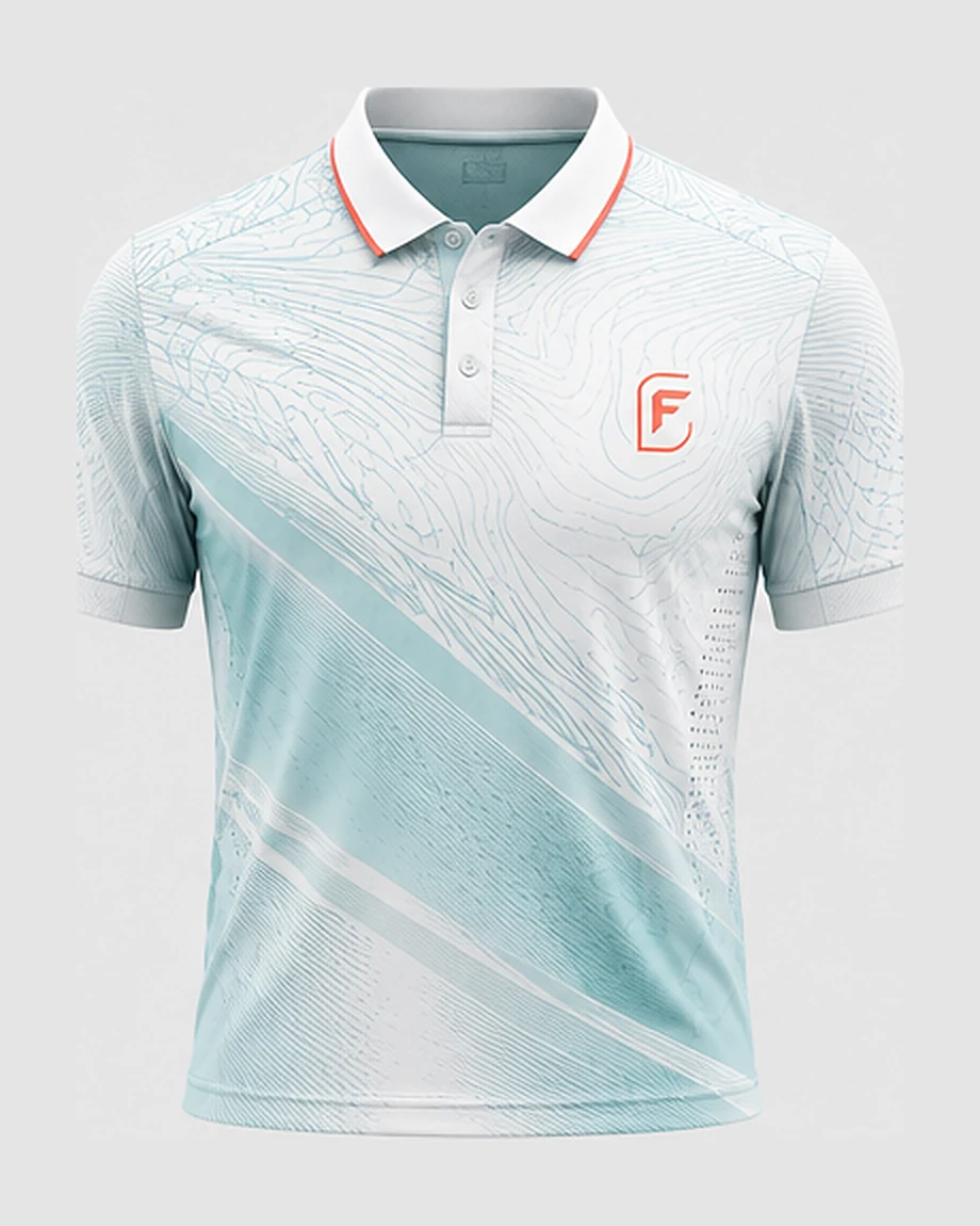 Ice Contour polo, front view — white and ice blue contour linework with a white collar tipped in vermilion.