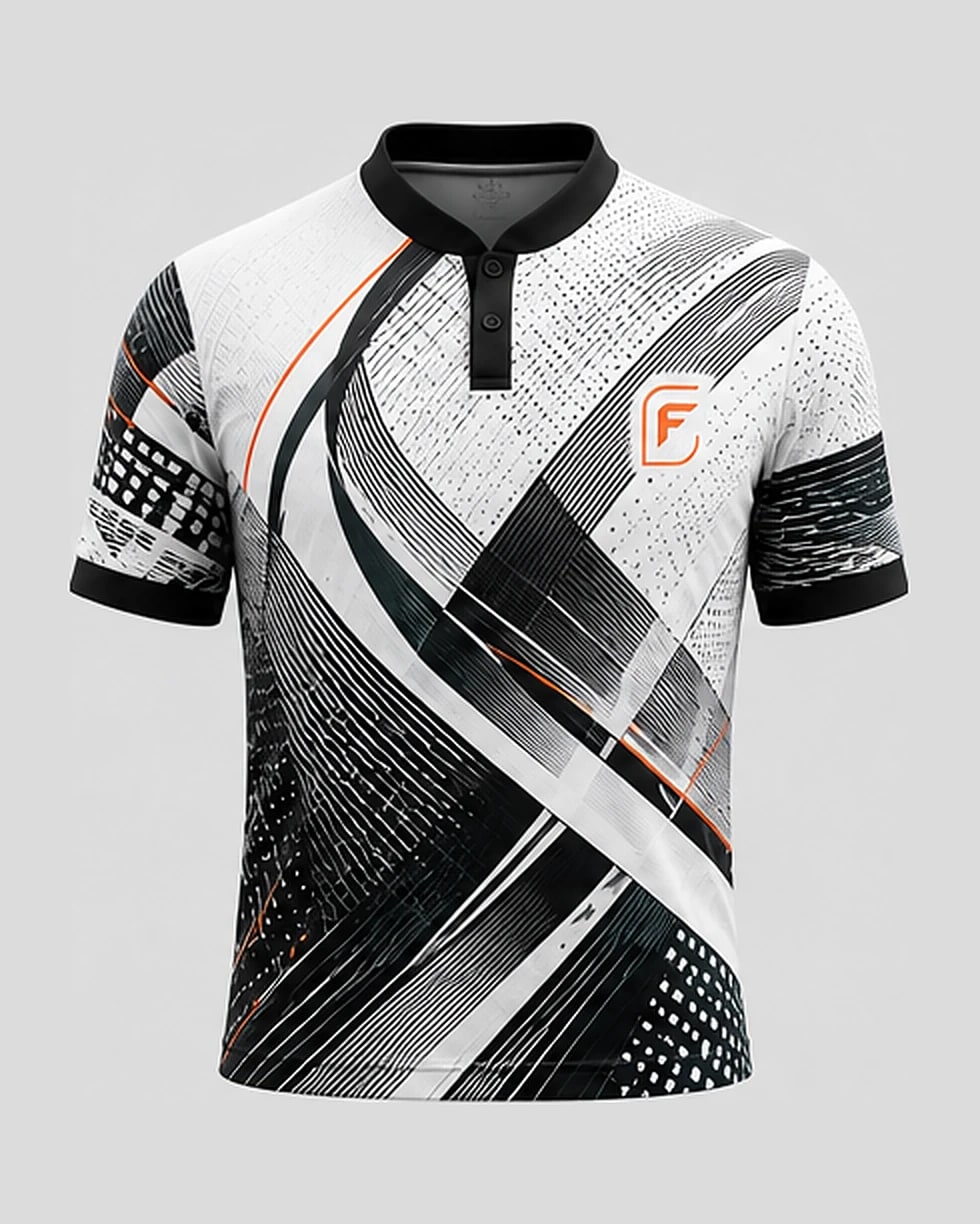 Graphite Cross polo, front view — black crossing rules and halftone dots on white, with a vermilion line through the chest.