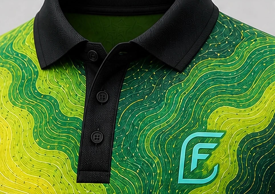 Close view of the Current Citrus collar and placket, black rib against yellow and green contours.