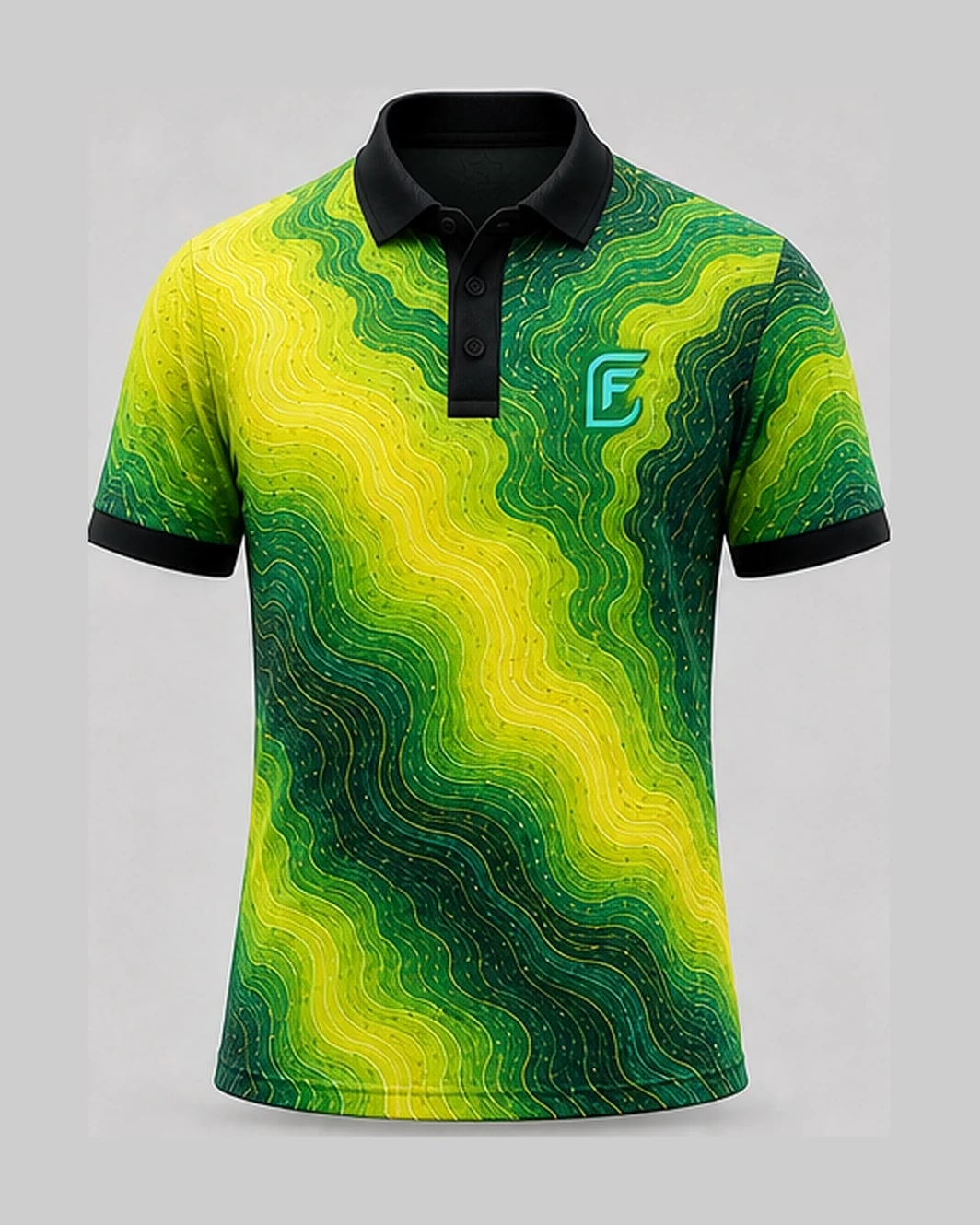 Current Citrus polo, front view — yellow and green contour waves with a black collar and cuffs.