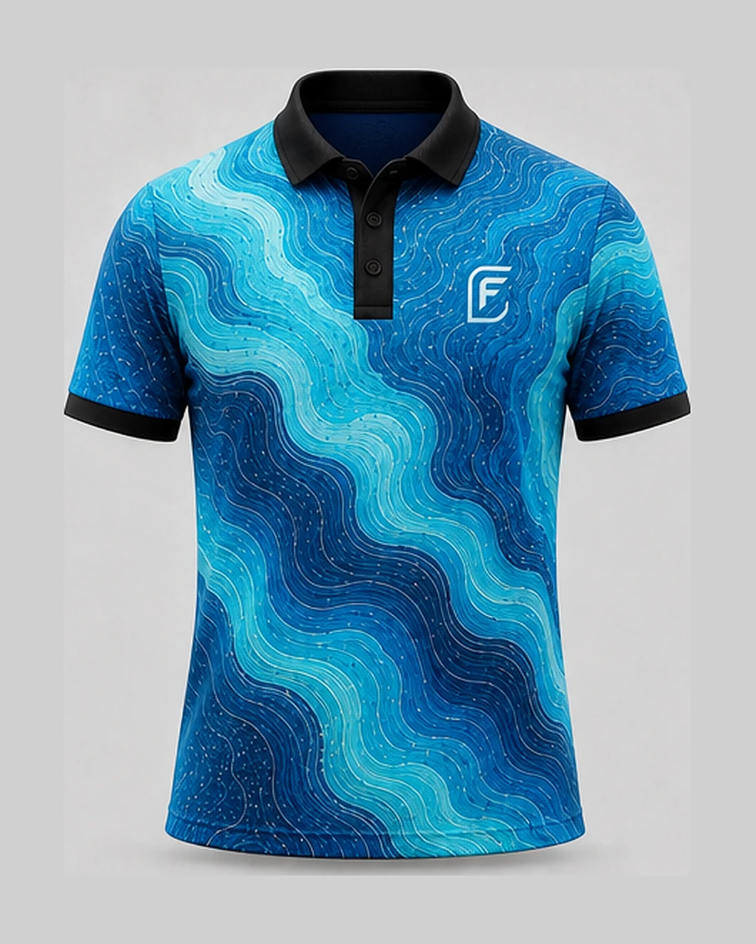 Current Lagoon polo, front view — cobalt and aqua contour waves with a black collar and cuffs.