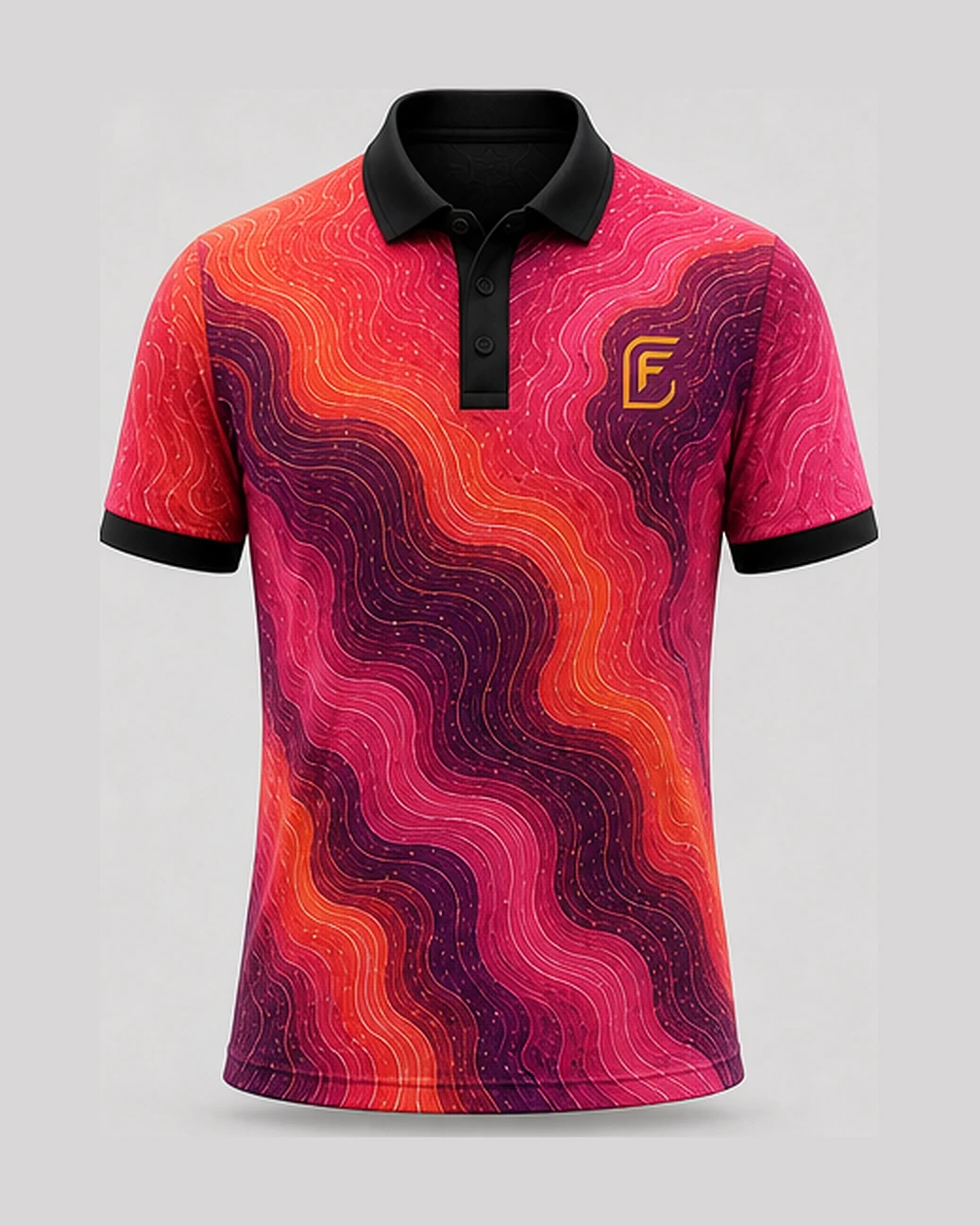 Current Sunset polo, front view — coral, orange and plum contour folds with a black collar and cuffs.