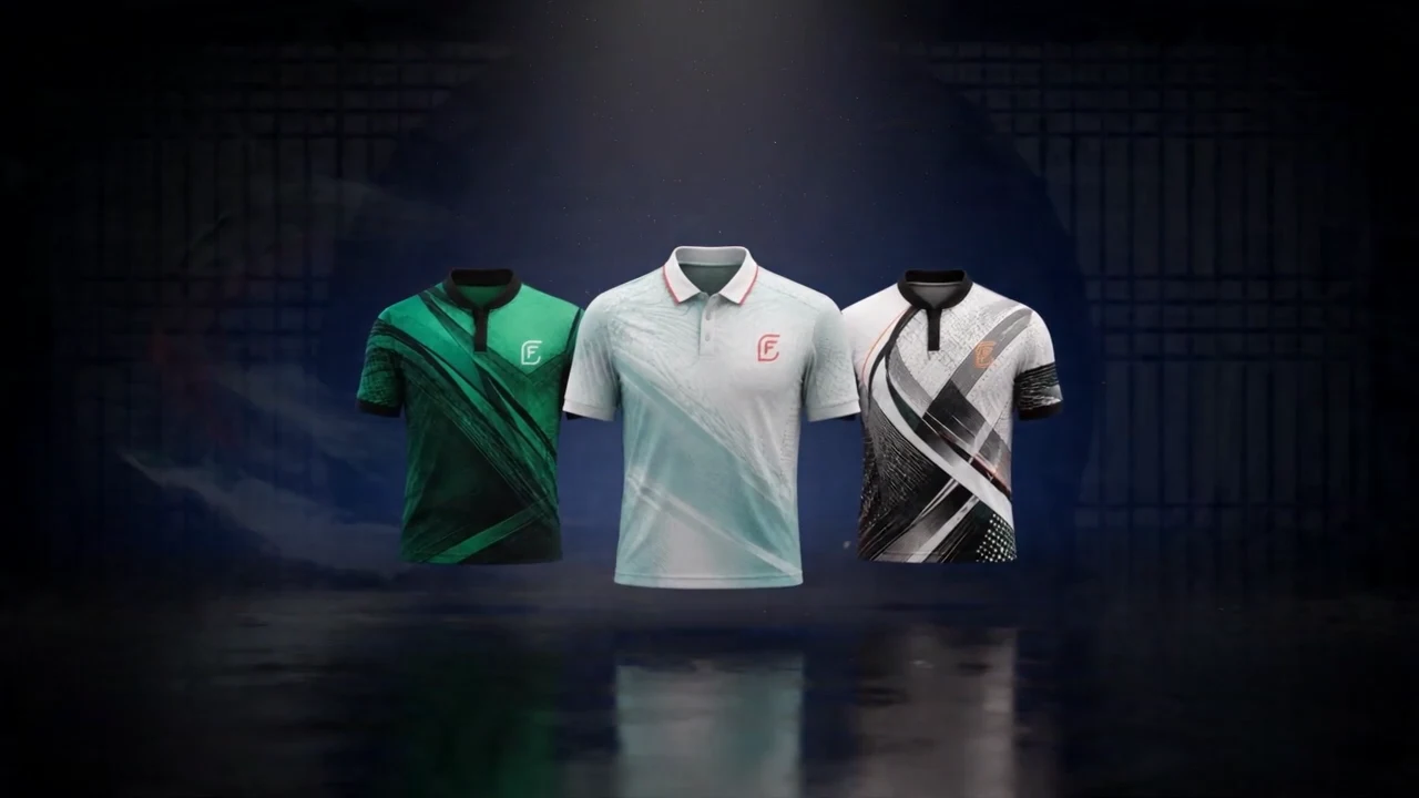 The three First Flight polos — emerald, ice blue and black-on-white — lit in a dark studio, with ink-brush marks behind them.