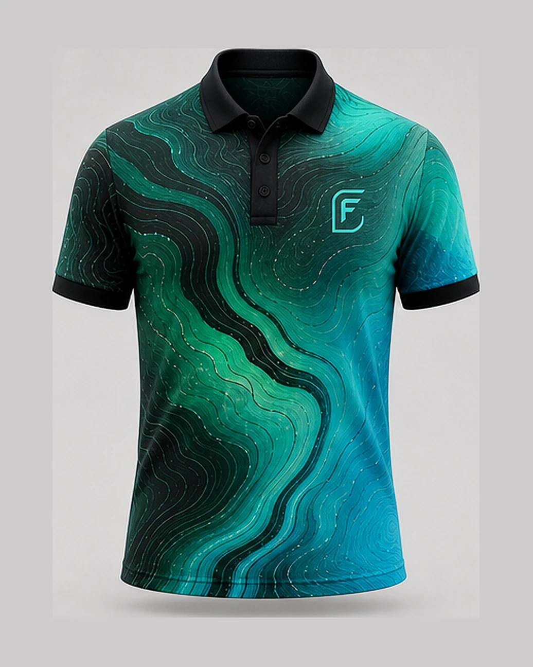 Current Emerald polo, front view — emerald and teal contour bands with a black collar and cuffs.