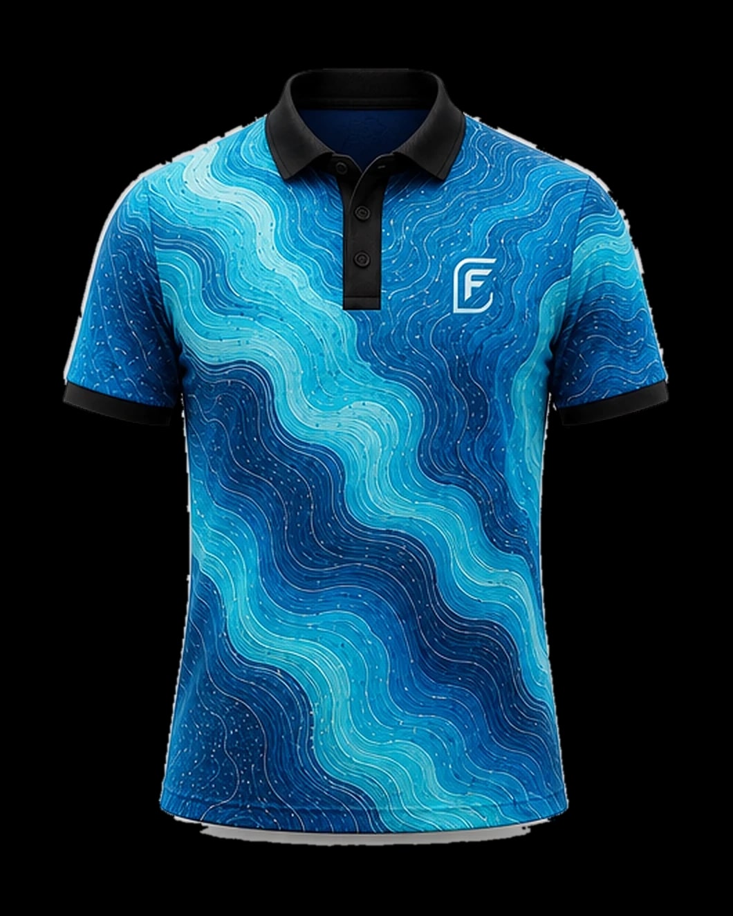 Current Lagoon polo, front view — cobalt and aqua contour waves with a black collar and cuffs.